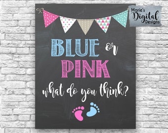 INSTANT DOWNLOAD Blue Or Pink What Do You Think - Printable Gender Reveal Party Decor Sign Welcome Chalkboard / Baby Blue Pink Boy Girl JPEG