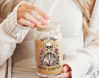 Just One More Chapter Skeleton Glass Tumbler | Gothic Book Lover Gift | Iced Coffee Can Cup with Lid and Straw | Bookish Aesthetic Drinkware