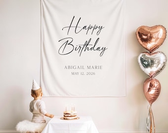 Minimal Birthday Tapestry Banner, Personalized Birthday Backdrop Fabric Sign, Neutral Cake Smash Photo Background, Modern Party Decor SBT03