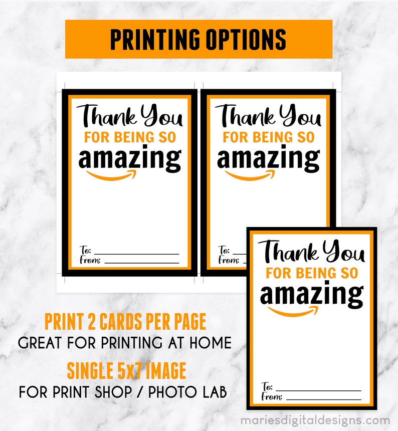 May include: Printable thank you cards with a black and orange colour scheme. The cards feature the Amazon logo and the text "Thank You for Being So Amazing". The cards are designed to be printed two per page and are great for printing at home or at a print shop.