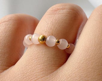 Rose Quartz Beaded Ring: Pink Crystal Stretch Band, Dainty Gemstone Jewelry