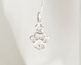 May include: A silver chain necklace with a small silver paw print charm.