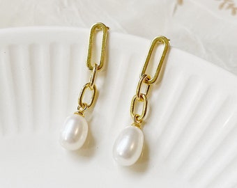 Link Chain Pearl Earrings - gold plated pearl earrings, gold vermeil paperclip earrings, gold dangly pearl earrings, gift for her