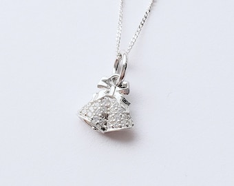Sterling Silver Jingle Bells Necklace: CZ Pave Christmas Jewelry