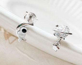 Sterling Silver Mismatched Space Studs: Astronaut & Planet Earrings