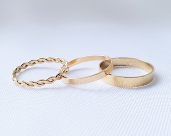 Set of 3 Gold Filled Rings | 14K Gold Filled Stacking Rings | Simple Gold Ring | Braided Gold Ring | Thin Gold Band | Gold Plated Ring