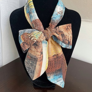 Blue & Brown Abstract Chiffon Scarf: Skinny Silk Hair Accessory