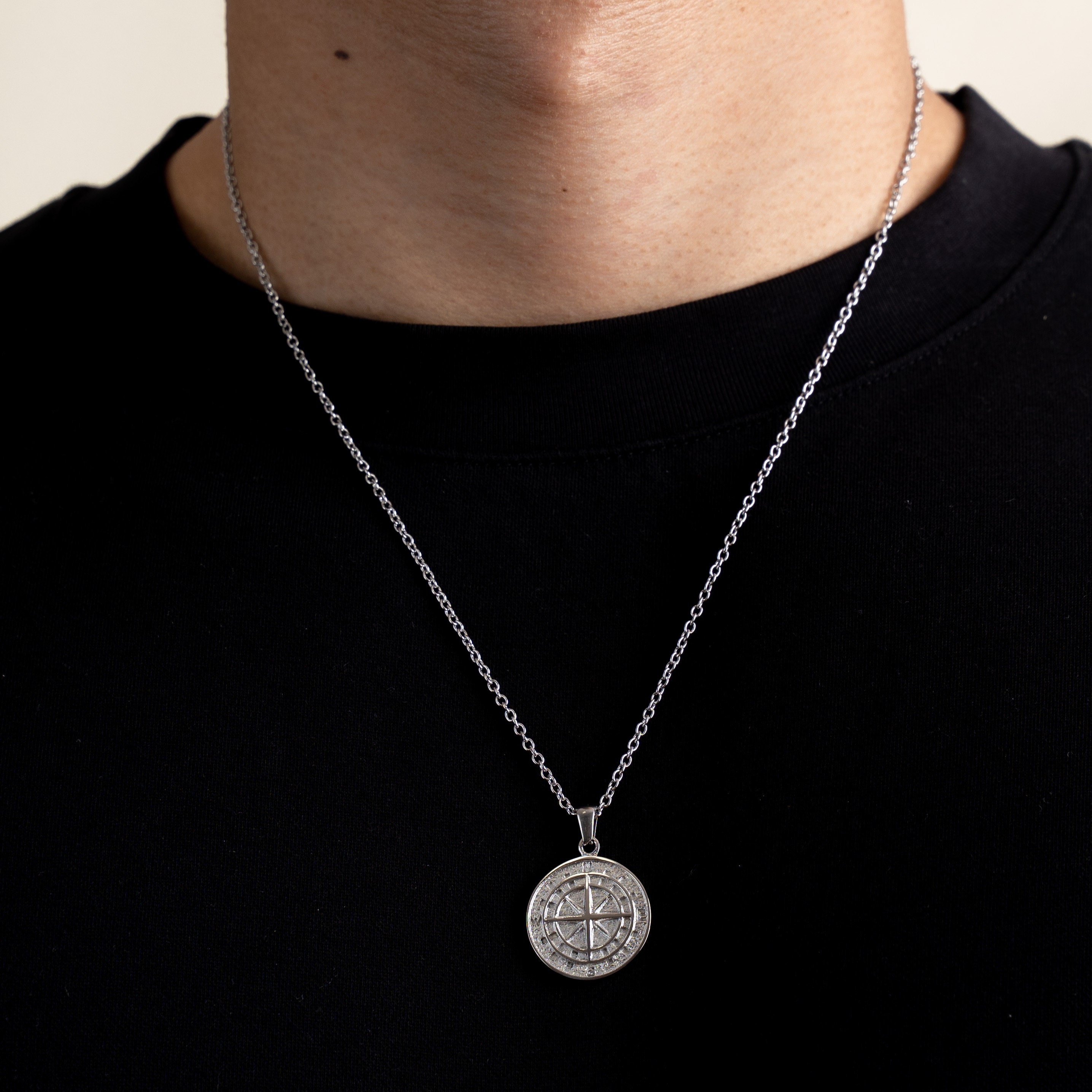 Silver Compass Necklace Men Stainless Steel Compass Pendant Silver Coin Pendant Tarnish Resistant Acier Inoxydable Collier Homme Etsy