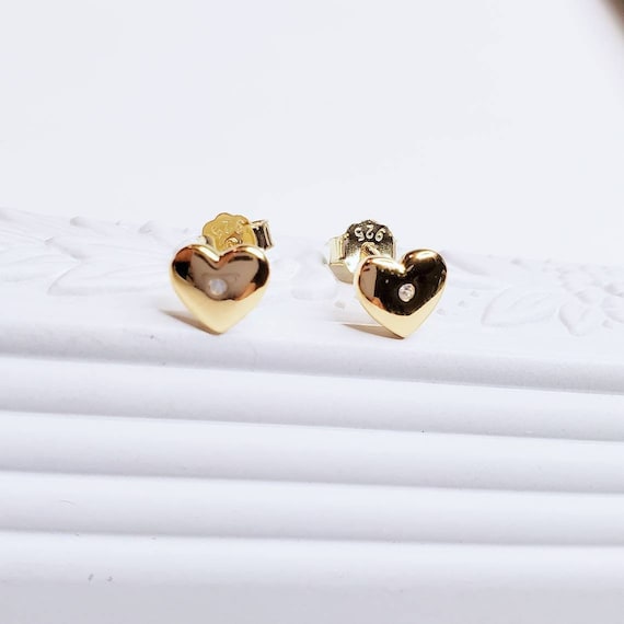 Boucles D'oreilles Cœur Clou En Vermeil Argent 925 - Brillants CZ, Doré, Très Bon état
