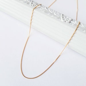 May include: A delicate gold chain necklace. The chain is thin and has a subtle shine.