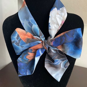 Blue Floral Silk Scarf: Skinny Neckerchief, Ponytail Hair Accessory