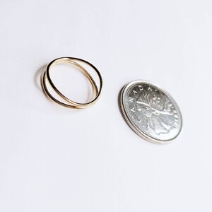 May include: A thin gold ring with two bands, shown next to a Canadian quarter for size comparison.