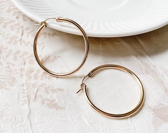 14K Gold Filled Hoop Earrings - 35 mm | Thick Hoop Earrings | Tarnish Resistant | Waterproof | Gold Plated Hoops | Bold Hoop Earrings