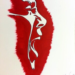May include: A red and white abstract painting of a face with a large open mouth. The face is outlined in black and the background is a red wash. The artist's signature is in the bottom right corner.