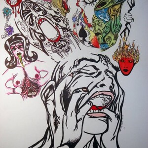 May include: A black and white drawing of a person with their hands covering their mouth. The person's face is contorted in a scream. The background is filled with various images, including a lion, a woman with her chest exposed, and a skull.