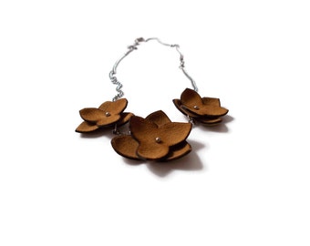 Brown flowers necklace, hippie necklace, leather flower necklace, boho necklace, hippie jewelry