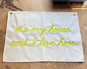 Custom Hand Embroidered Cotton Canvas Flag - Vintage Look | Wall Tapestry | Home Decor | Chainstitch Banner | Personalized Phrase