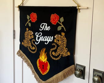 Custom canvas wedding banner | chainstitch embroidery | personalized banner | wedding decor | wedding banner with fringe | Handmade banner