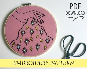 Black Magic Revenge // Hand Illustration with Stars and Lightning Bolts // 8" Embroidery Hoopart PDF Pattern
