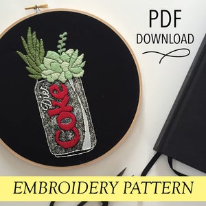 Diet Coke Can with Succulents // Pop Culture Inspired // 8&quot; Embroidery Hoopart PDF Pattern