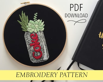 Diet Cola Dose mit Sukkulenten // Popkultur inspiriert // 20cm Stickdatei Hoopart PDF Pattern