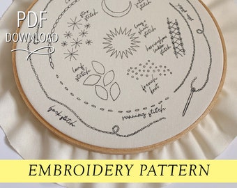 Thread Honey embroidery stitch sampler beginner hand embroidery pattern modern embroidery guide stitching tutorial diy how to hoop art