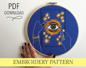 Evil Eye Book with Hands Muster Handstickerei moderne Stickanleitung Nähanleitung diy Stickmuster und wie man Kunst einrahmt