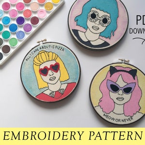 Pop Art Girl Portraits Pizza Cat Meow 6&quot; Embroidery Hoopart PDF Pattern