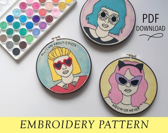 Pop Art Girl Portraits Pizza Cat Meow 6" Embroidery Hoopart PDF Pattern