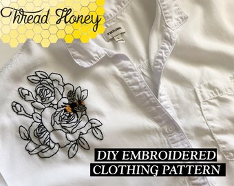 The Bee & Black Roses Embroidery Clothing Pattern // Honeybee Flower Rose DIY Up-Cycled Clothing // Downloadable PDF Pattern
