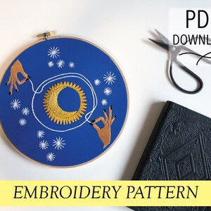 The Sun and the Moon // Sun Moon Space Illustration with Hands // 8 Embroidery Hoopart PDF Pattern image 1