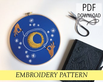 Die Sonne und der Mond // Sonne Mond Weltraum Illustration mit Händen // 20cm Embroidery Hoopart PDF Pattern