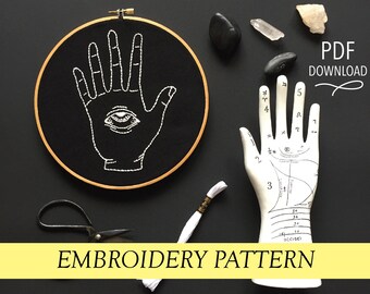 böses Auge Muster Handstickerei moderne Stickanleitung Nähanleitung diy Stickmuster und wie man Kunst Anblick der Hand einrahmt