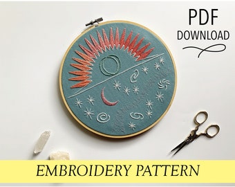 Sun and Stars Cosmos graphic pattern Hand embroidery modern embroidery guide stitching tutorial diy embroidery patterns and how to