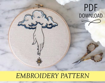 Celestial Being // Graphic Hands with Star and Stormy Cloud // 8" Embroidery Hoopart PDF Pattern