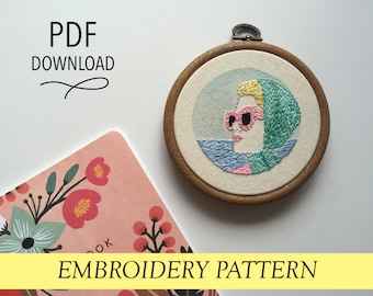 Grace Kelly on Holiday // Retro Minimalist Pop Art with Watercolor// 4" Embroidery Hoopart PDF Pattern