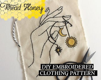 Hand and Space Charms Modern Embroidery Clothing Pattern // Sun Moon Star Hand DIY Up-Cycled Clothing // Downloadable PDF Pattern