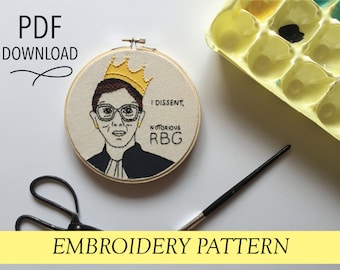 Ruth Bader Ginsburg // Notorious RBG Portrait Hoop // 6" Embroidery Hoopart PDF Pattern