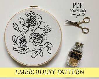 Three Black Roses pattern Hand embroidery modern embroidery guide stitching tutorial diy embroidery patterns and how to hoop art