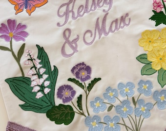 Custom floral canvas wedding banner | chainstitch embroidery | personalized banner | wedding decor | wedding banner with fringe | Handmade