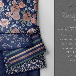 Navy Floral Seamless Pattern Bundle: Watercolor Flowers, Stripes (Digital Download)