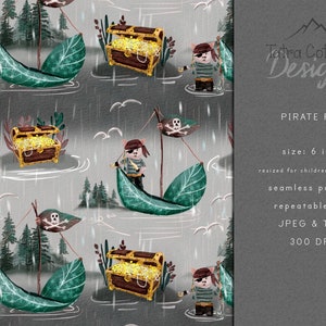 Patrón sin costuras de cerdo pirata, patrón de superficie de piratas, patrón de tela para niños, descarga digital 300 dpi, licencia comercial, no exclusivo, gris