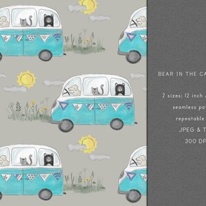May include: A repeating pattern illustration of a teal campervan with a dog, cat, and bear inside, set against a light grey background with yellow suns and clouds. Text on the right says "BEAR IN THE CAMPERVAN".