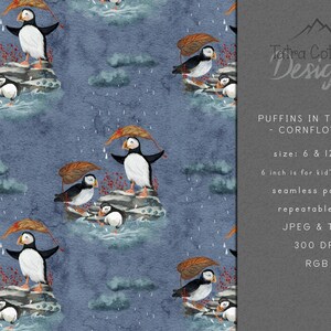Autumn Seamless Pattern Print with Puffins in the Rain Design Nautical Background Fabric File, Commercial License, cornflower