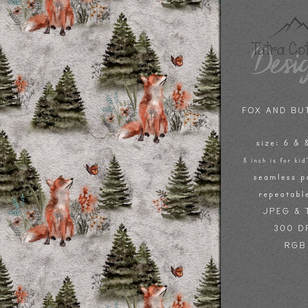 Fox Seamless Pattern, Forest Surface Fabric Pattern, Woodland Animals Digital Download 300 dpi, Commercial Licence, Non Exclusive