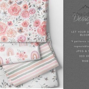 Watercolor Floral Seamless Pattern: Pink Peonies, Rainbow, Boho Stripes (Digital Download)