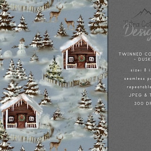 Winter Seamless Pattern File for Christmas Fabric Printing with Cabins in the Snow, Dusky Blue