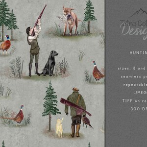 May include: Watercolor illustration of a hunting scene with dogs, hunters, and pheasants. The image includes a hunter aiming a rifle, a black Labrador, and a dog carrying a bird. The text "HUNTING" is also visible.