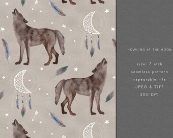 Wolf Moon Seamless Pattern: Beige Fabric Print (Digital Download)