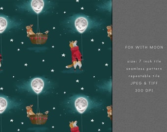 Fox and Moon Seamless Pattern, Woodland Animals Fabric (Digital Download)